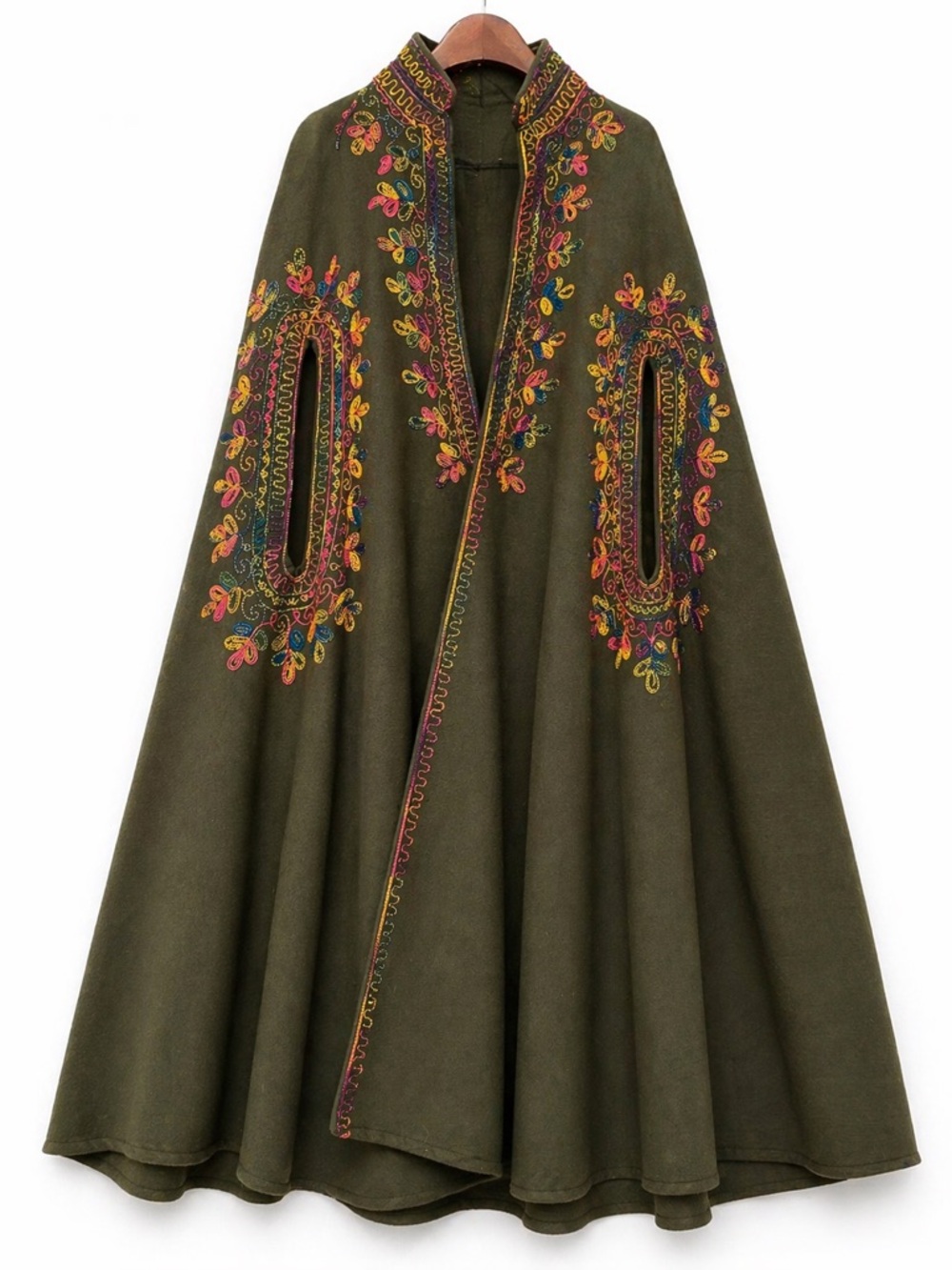 Green Embroidered Wool Cape Cloak Full Length Statement Piece